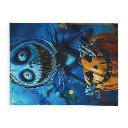 Decorative and Warm Halloween Skellington Spooky Arctic Fleece Blanket illustrating a playful skeleton alongside a smiling pumpkin, perfect for upscale Halloween festivities.