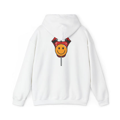 Elegant white hoodie featuring a playful back design of a vibrant lollipop and smiley face, perfect for adding a fun element to your wardrobe.