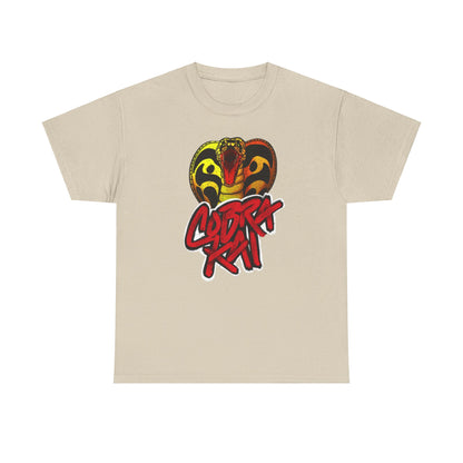 Elegant Cobra Kai graphic T-shirt showcasing a striking coiled snake emblem with bold lettering, perfect for fans of martial arts and pop culture.