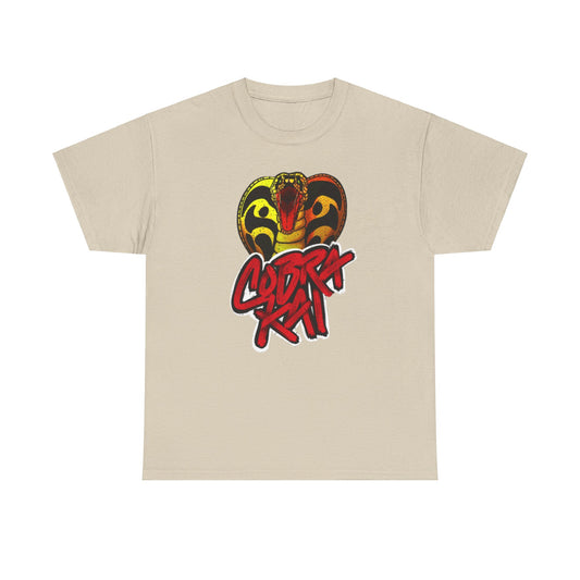 Elegant Cobra Kai graphic T-shirt showcasing a striking coiled snake emblem with bold lettering, perfect for fans of martial arts and pop culture.