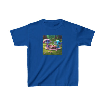 Kids Heavy Cotton Tee showcasing whimsical alien designs in a luxurious blue hue, ideal for creative expression.