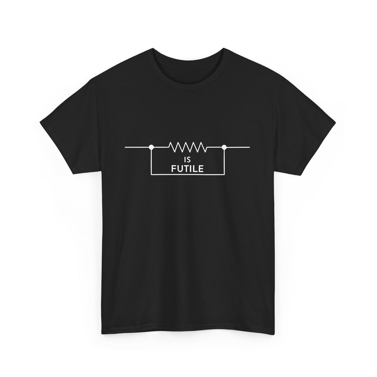 Luxury unisex graphic tee shirt featuring a striking design with the phrase 'IS FUTILE' surrounded by an elegant resistor symbol, showcased in a sleek black fabric.