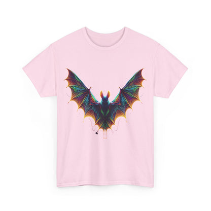 Vibrant front view of the Radiant Evolution Bat Tee, featuring a striking stylized bat design in a vivid spectrum of colours on a soft pink background, ideal for making a unique fashion statement.
