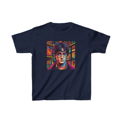 Kids Harry Potter Heavy Cotton Tee featuring a vibrant graphic of a young wizard, perfect for adventurous young fans, available in 16 enchanting colours.