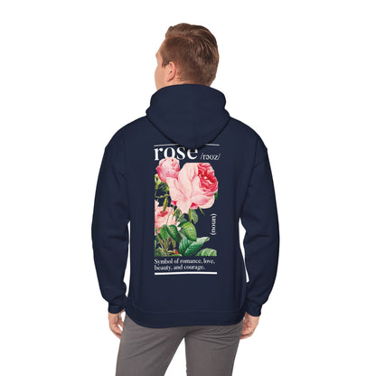 Sophisticated back view of a navy hoodie embellished with an artistic rose design, showcasing a beautiful mix of lush roses and elegant text. A statement piece for the discerning wardrobe.