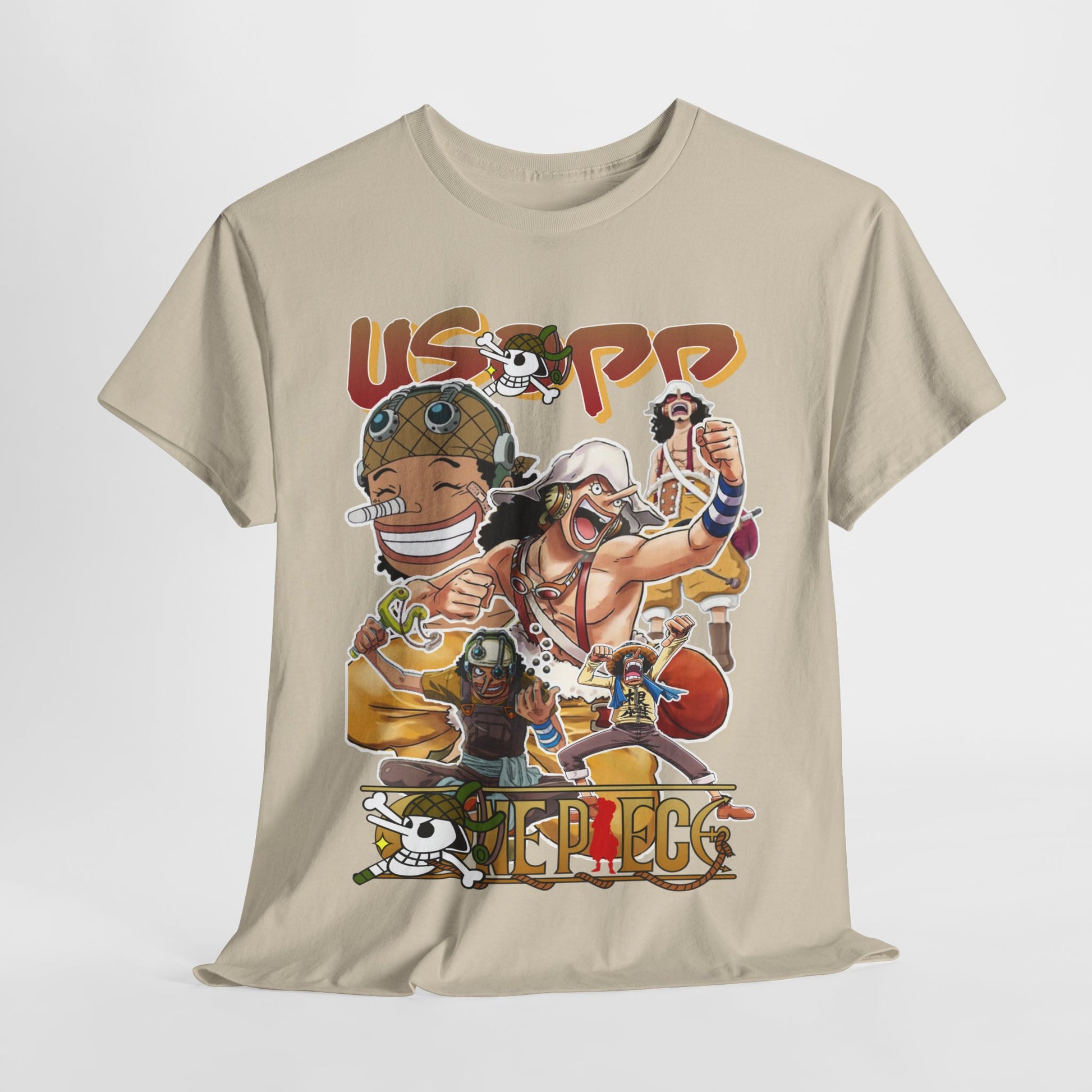Elegant Usopp t-shirt laid flat, highlighting its vibrant graphics and quality fabric, ideal for fashionable anime lovers.