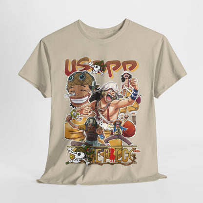 Elegant Usopp t-shirt laid flat, highlighting its vibrant graphics and quality fabric, ideal for fashionable anime lovers.