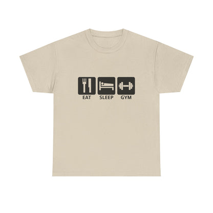 Luxury motivational gym t-shirt featuring a minimalist graphic design with black square icons for 'EAT', 'SLEEP', and 'GYM' on a beige background.
