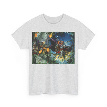 Front view of the Discworld Mort Graphic Unisex T-Shirt - Premium Cotton Tee with Iconic Artwork, featuring vibrant graphic design inspired by Terry Pratchett's Mort.