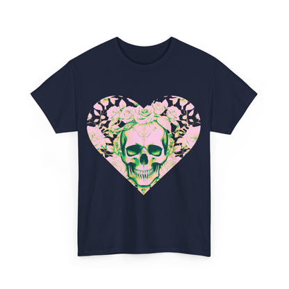 Skulls and Roses Cotton Tee featuring a stunning skull design intertwined with roses, perfect for alternative fashion enthusiasts.
