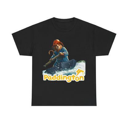 Luxurious Paddington Bear in Peru Graphic Unisex T-Shirt showcasing Paddington Bear in a charming adventure scene, printed on a sleek black background with eye-catching yellow text.