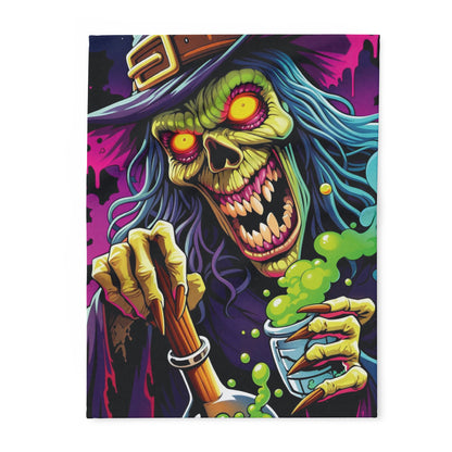 Decorative and Warm Halloween Spooky Arctic Fleece Blanket featuring a vibrant witch character with glowing yellow eyes, holding a potion, set against a mystical background. Perfect for adding a chic Halloween touch to your decor.