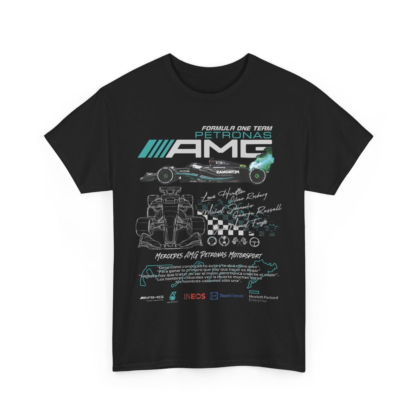Men's sophisticated black F1 Mercedes AMG Petronas T-Shirt displaying eye-catching race car artwork and motivational quotes, ideal for passionate motorsport lovers.