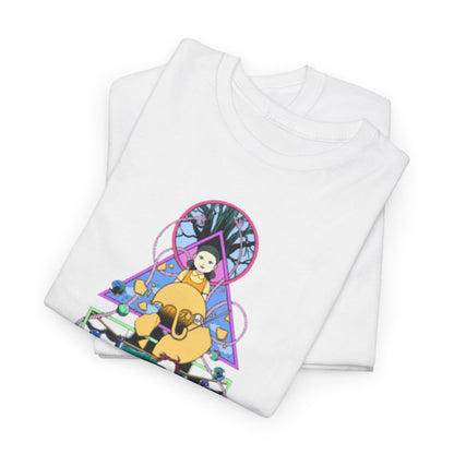 Sophisticated folded white t-shirts with a striking Squid Game graphic print, ideal for contemporary fashion enthusiasts looking to add a touch of intrigue to their wardrobe.