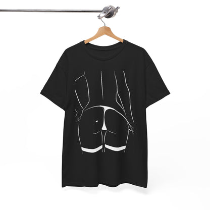 Black graphic T-shirt elegantly displayed on a hanger, featuring a captivating white line illustration of a woman's back, merging art with fashion.