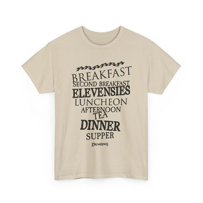 Stylish beige unisex t-shirt elegantly displaying the whimsical meal schedule of hobbits, featuring classic lettering that exudes charm and personality.
