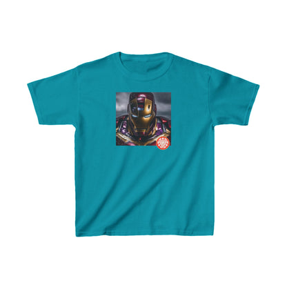 Kids Heavy Cotton Iron Man T-Shirt with an impressive Hulk graphic, displayed in a bright turquoise hue, perfect for expressing superhero style.