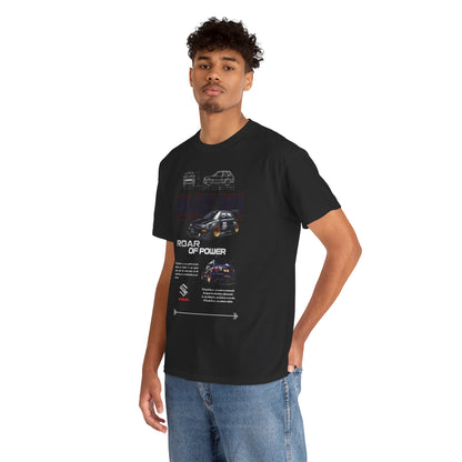 Stylish model showcasing the Suzuki Forza T-Shirt featuring a bold graphic design, perfect for car enthusiasts. The shirt highlights the phrase 'ROAR OF POWER', set against a black backdrop for a striking look.