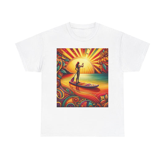 Delightful Paddle Board T-Shirt in white showcasing a stunning paddleboarding scene with a sunset backdrop, perfect for adventurous fashion.