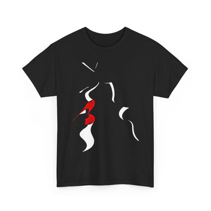 Chic black unisex T-shirt displaying an artistic representation of red lips and white curves, blending humour and artistry for a captivating style.