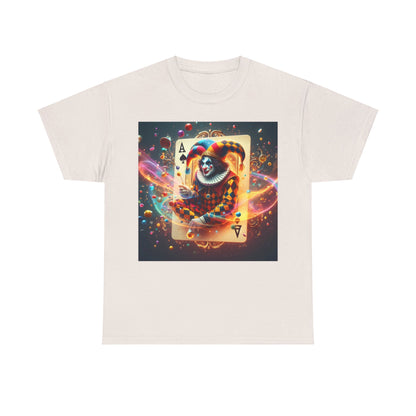 Unisex Harlequin Playing Card Graphic Tee - Premium Quality Cotton Blend T-Shirt in a soft off-white hue, featuring a whimsical harlequin motif and iconic playing card design.