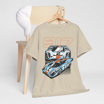 Elevate your style with the luxurious Porsche 917 graphic T-shirt, featuring exquisite illustrations of two iconic race cars on a soft beige fabric, perfect for car enthusiasts.