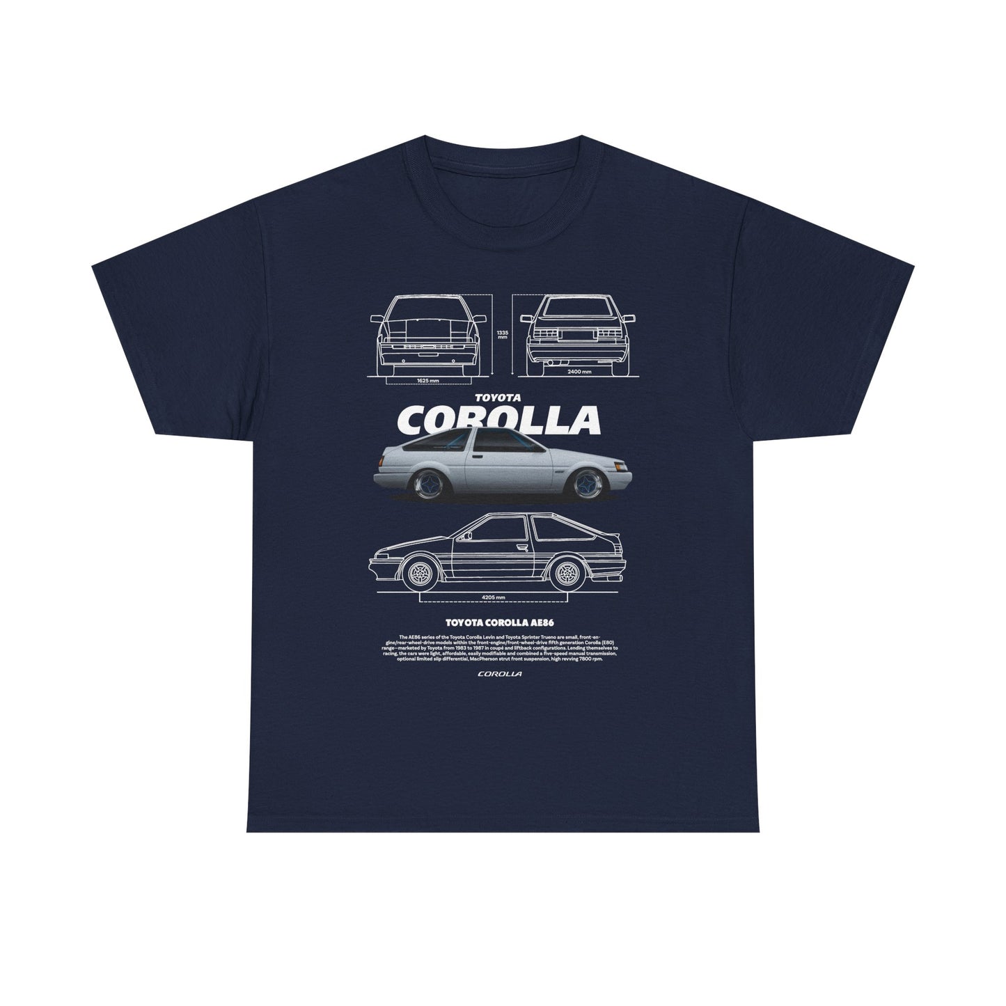 Sophisticated navy men's T-shirt featuring a meticulously designed graphic of the classic Toyota Corolla AE86, showcasing the car's iconic details in an upscale manner.