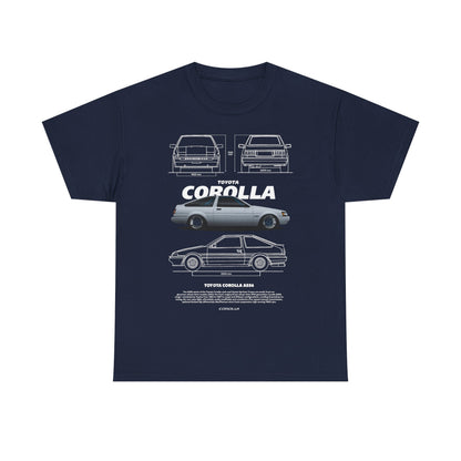 Sophisticated navy men's T-shirt featuring a meticulously designed graphic of the classic Toyota Corolla AE86, showcasing the car's iconic details in an upscale manner.