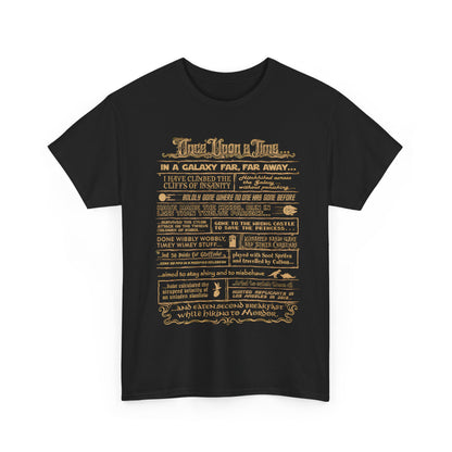 Close-up view of the Once Upon a Time Graphic T-Shirt, showcasing intricate details of the galactic adventures print on a luxurious unisex cotton tee.