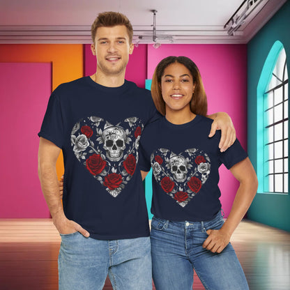 Luxury Skulls and Roses Cotton Tee showcased on a couple, featuring a striking steampunk skull and rose design, perfect for alternative fashion enthusiasts.