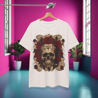 Elegant Skulls and Roses Cotton Tee displayed in a stylish interior, showcasing a bold steampunk-inspired design with intricate skulls and roses.