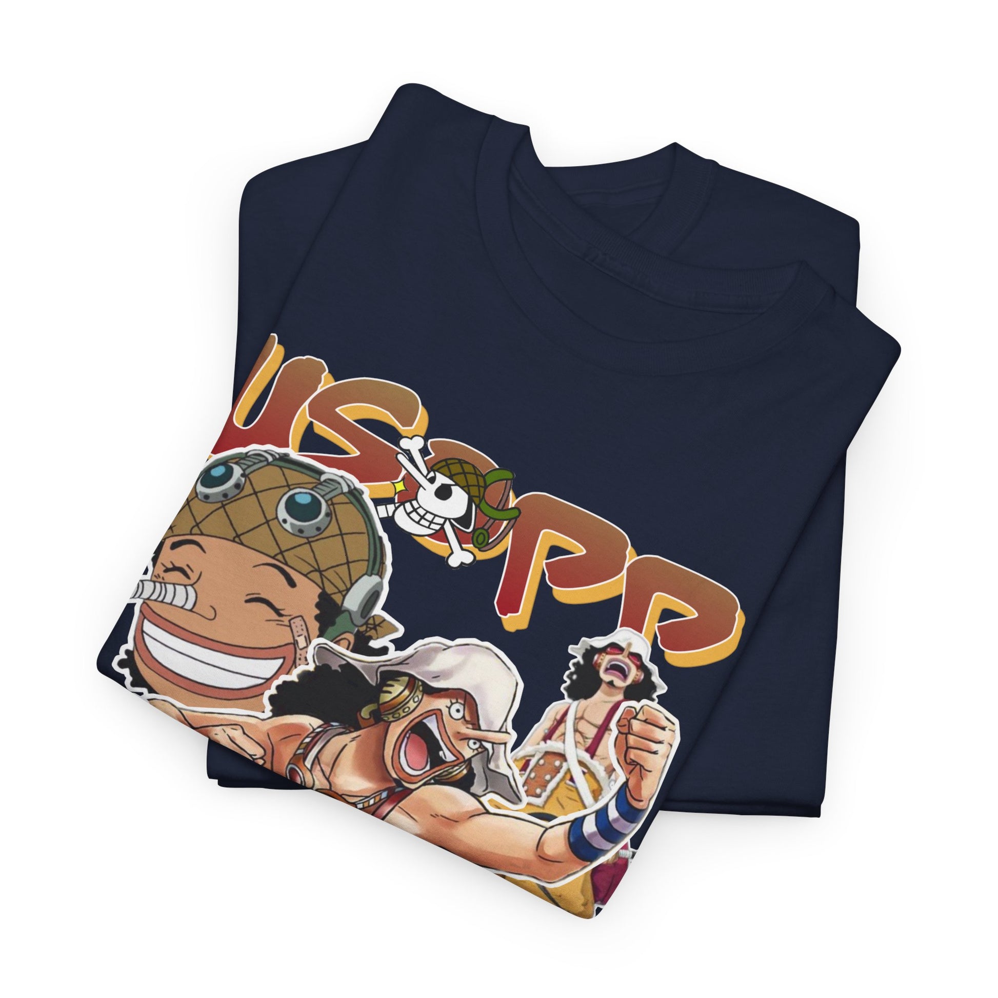 Elegant folded navy blue t-shirt adorned with a colourful design of Usopp and friends, capturing the essence of anime culture in a premium fabric finish.