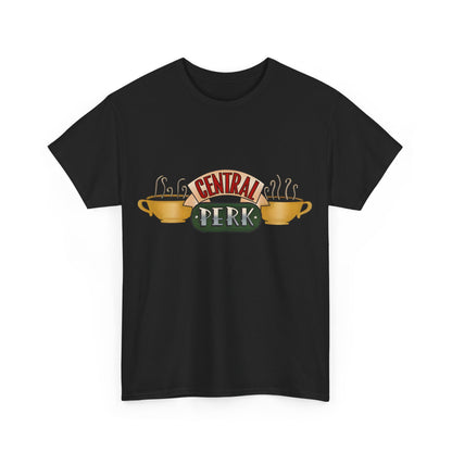 Front view of a refined black unisex Central Perk Coffee Shop Friends Retro Logo Graphic Tee featuring the classic logo, perfect for elevating casual attire.