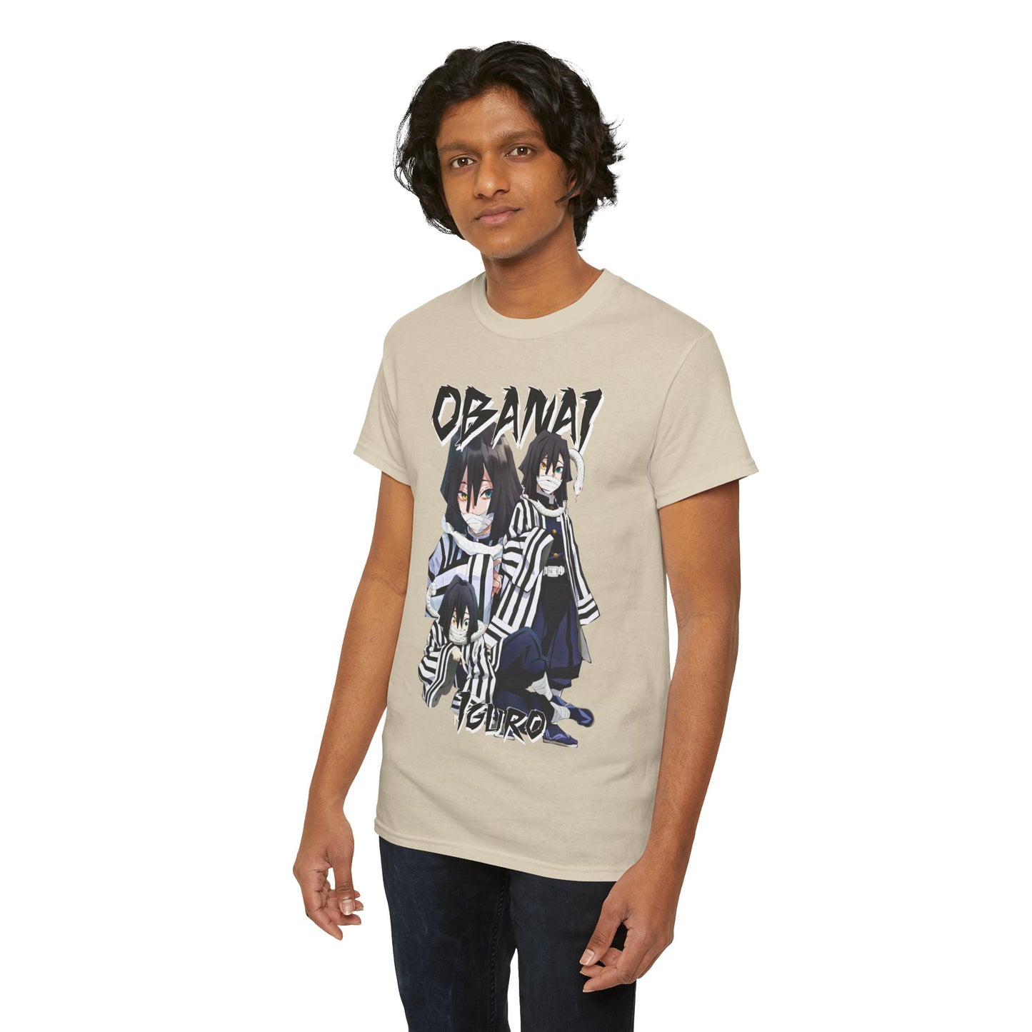 Exquisite Obanai Iguro T-shirt featuring a striking anime-inspired graphic, crafted for fans of Demon Slayer, modelled by a trendy individual in a casual pose. Perfect for showcasing anime passion with sophistication.