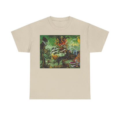Elegant Discworld Wyrd Sisters Graphic Unisex Tee Shirt featuring an enchanting illustration of powerful witches in a whimsical fantasy setting, perfect for discerning fans of Terry Pratchett's beloved series.