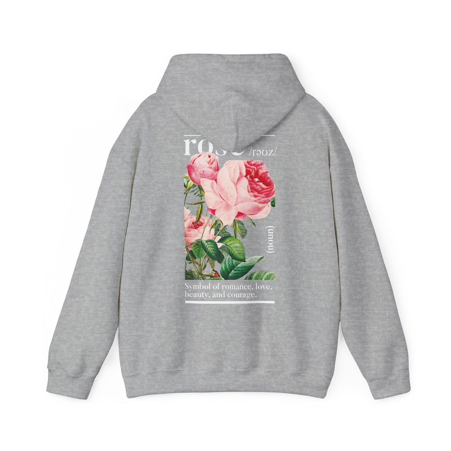 Luxury grey hoodie featuring a vibrant botanical rose design on the back, showcasing exquisite pink blossoms along with elegant typography. Perfect for romantic and stylish outfit choices.