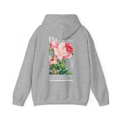 Luxury grey hoodie featuring a vibrant botanical rose design on the back, showcasing exquisite pink blossoms along with elegant typography. Perfect for romantic and stylish outfit choices.