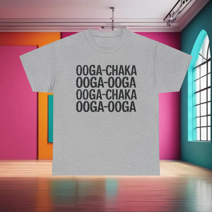 Sophisticated 'Hooked On a Feeling' Graphic T-Shirt presented with stylish 'Ooga Chaka' lettering against a colourful backdrop.