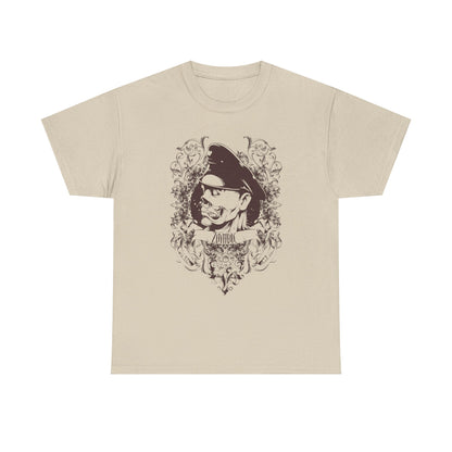 Men's luxury zombie graphic t-shirt featuring baroque design elements in beige, showcasing a striking skull illustration with intricate motifs.