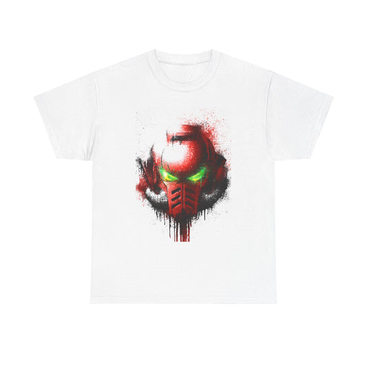 Stylish unisex t-shirt presented flat, showcasing a vibrant red and green helmet graphic with a unique splatter effect, perfect for making a bold fashion statement.