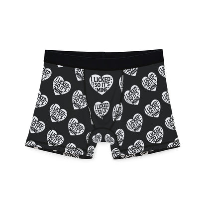 Valentine's Naughty Cheeky Men's Boxer Briefs featuring 'I LICKED IT SO IT’S MINE' in playful heart graphics, perfect for birthdays and anniversaries. Discover luxury comfort and a cheeky design that speaks to romance and humour.