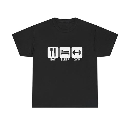 Elegant black t-shirt showcasing a sophisticated graphic design with lifestyle symbols: fork and knife for dining, bed for rest, and dumbbell for fitness, all illustrated in crisp white squares.