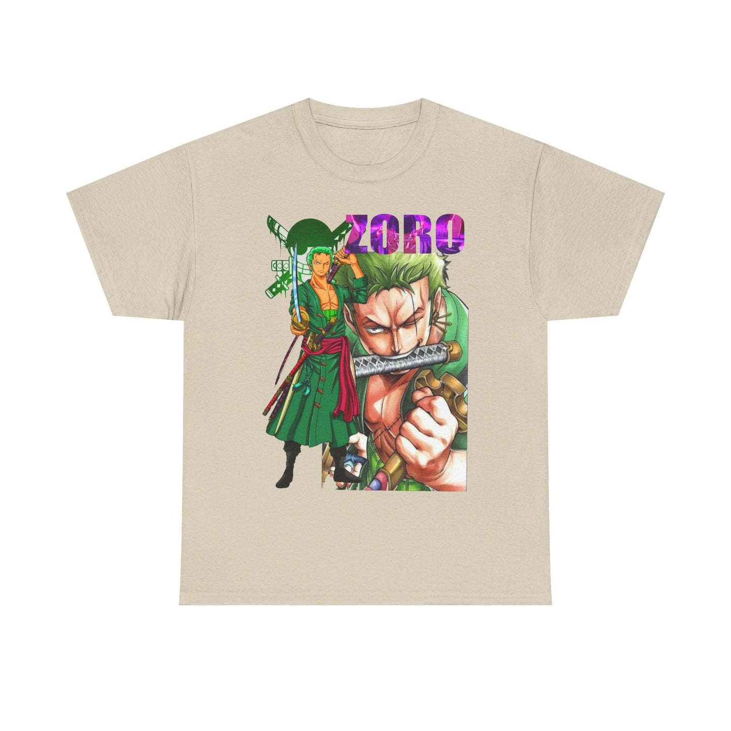 Sleek cream Roronoa Zoro graphic t-shirt showcasing a bold, artistic portrayal of Zoro, accentuated by vivid graphics and luxurious style, perfect for anime enthusiasts.