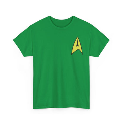 Elegant Star Trek Starfleet uniform unisex graphic T-shirt in rich green, adorned with the classic Starfleet insignia for a stylish touch.