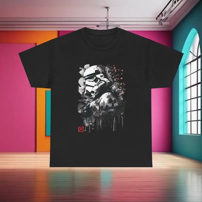 Star Wars Stormtrooper Graphic T-Shirt in sophisticated black, featuring an eye-catching design of a Stormtrooper surrounded by an artistic motif, ideal for chic casual wear and fans of the galaxy.