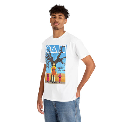Luxury unisex white graphic t-shirt featuring a vibrant illustration inspired by the Netflix series Squid Game, modelled by a stylish male in a casual setting.