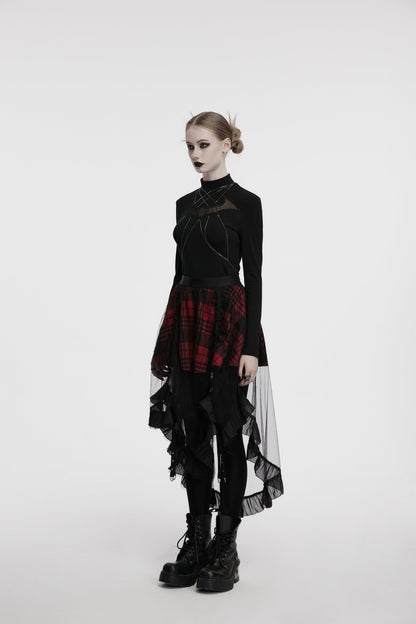 Side view of the Punk Rave Morrigan Skirt, highlighting the adjustable studded webbing straps and dramatic high-low silhouette, designed for versatile and bold styling in alternative fashion.