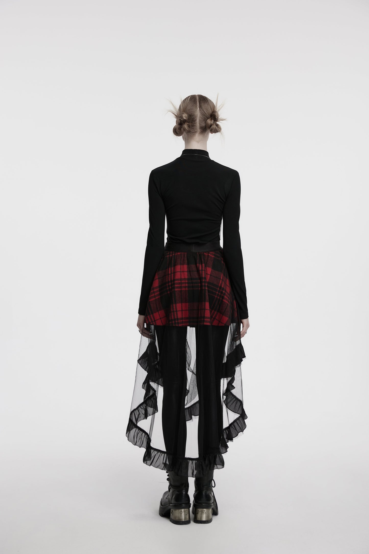 Back view of the Punk Rave Morrigan Skirt, depicting the flowing ruffled edges and layered design, ideal for creating a stunning statement look for punk and goth lovers.