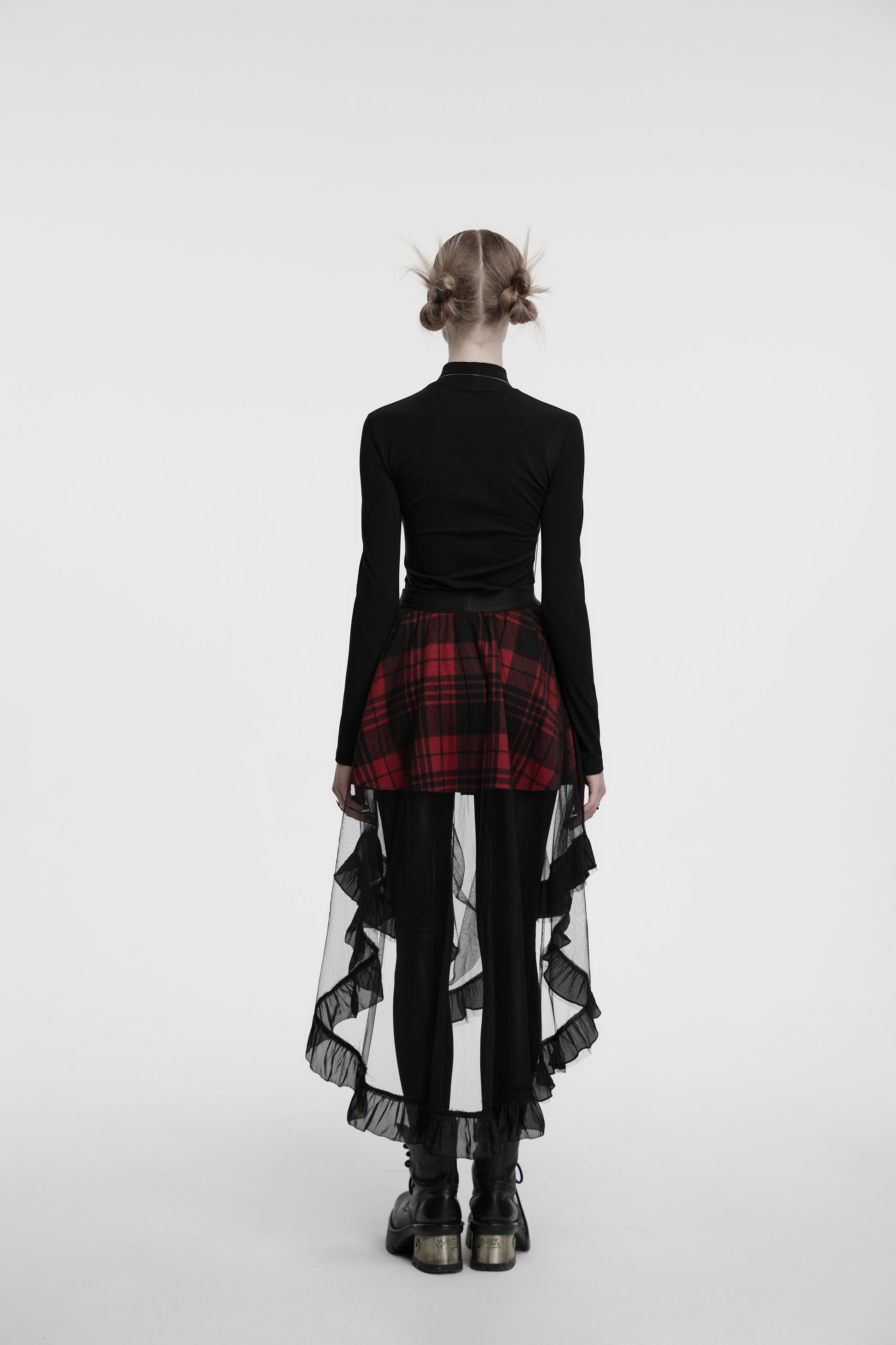 Back view of the Punk Rave Morrigan Skirt, depicting the flowing ruffled edges and layered design, ideal for creating a stunning statement look for punk and goth lovers.