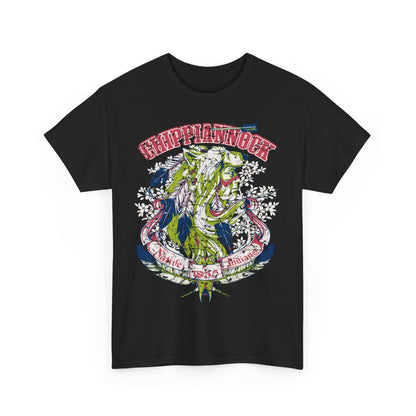 Stylish black variant of the luxury graphic t-shirt featuring an intricate wolf headdress design, symbolising Native American culture and artistry.